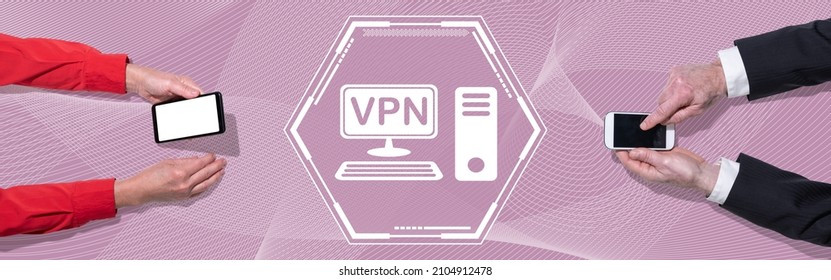 Top View Of Hands Using Mobile Phone With Symbol Of Vpn Concept