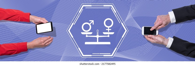 Top view of hands using mobile phone with symbol of parity concept