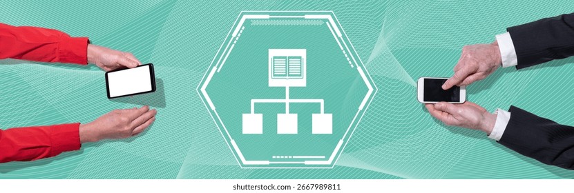 Top view of hands using mobile phone with symbol of knowledge sharing concept