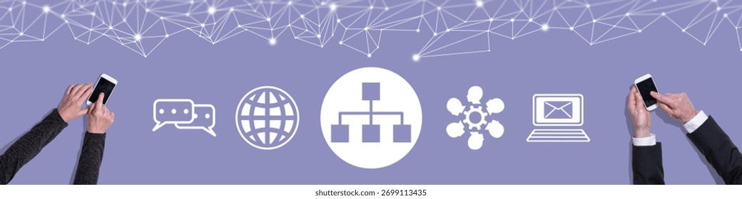 Top view of hands using mobile phone with symbol of network marketing concept