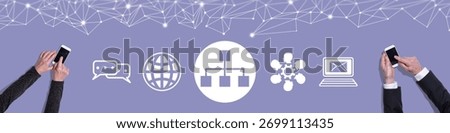 Top view of hands using mobile phone with symbol of network marketing concept