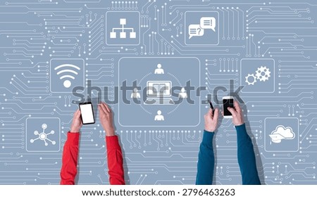 Top view of hands using mobile phone with symbol of mooc concept