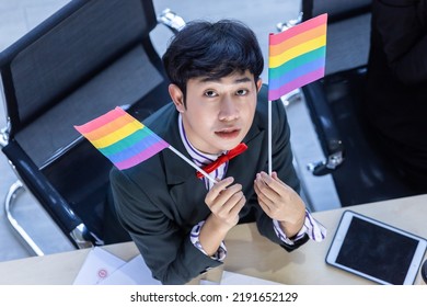 Top View Happy Of Smiling Homosexual Asian Businessman LGBT With LGBT Flag Working At Laptop Computer And Business People Group In The Meeting Room At Modern Office