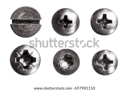 Top view heads of screws metal on a white background.  rivets isolated. Components of the graphic design.