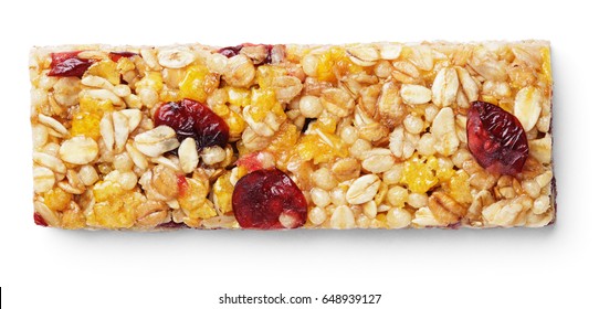 Top view of healthy granola bar (muesli or cereal bar) isolated on white background