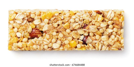 Top View Of Healthy Granola Bar (muesli Or Cereal Bar) Isolated On White Background. Granola Bar With Clipping Path