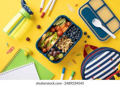 Top view of a healthy school lunch with packed snacks in a lunchbox, water bottle, and school supplies on a yellow background - Powered by Shutterstock