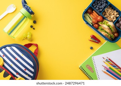 Top view of a healthy school snack with fresh vegetables, water bottle, and school supplies on a bright yellow background - Powered by Shutterstock