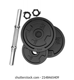 Top view of heavy weight plate with split steel bar on white