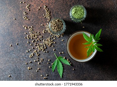 Top view Hemp Tea. Cannabis herbal tea. Selective focus, copy space.