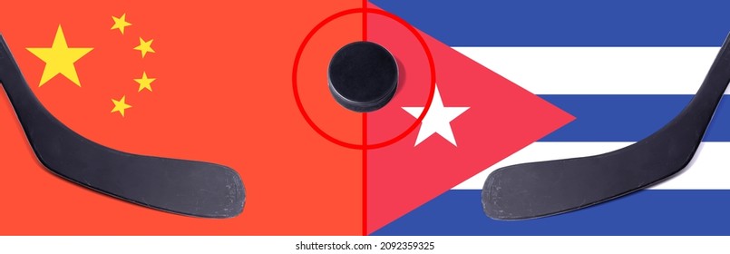 Top View Hockey Puck With China Vs. Cuba Command With The Sticks On The Flag. Concept Hockey Competitions