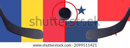 Top view hockey puck with Romania vs. Panama command with the sticks on the flag. Concept hockey competitions