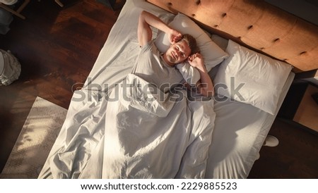 Similar – Image, Stock Photo Man sleeping on bed with dog. Pet affection