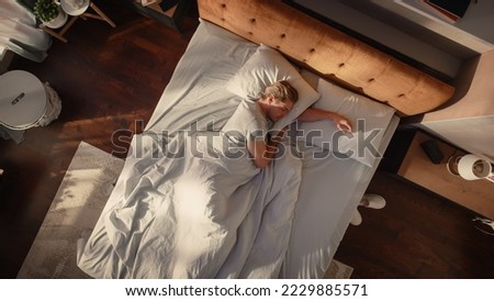Image, Stock Photo Man sleeping on bed with dog. Pet affection