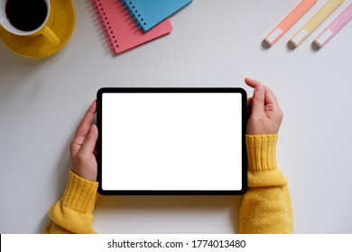 Top view home office digital tablet hero header template. - Powered by Shutterstock