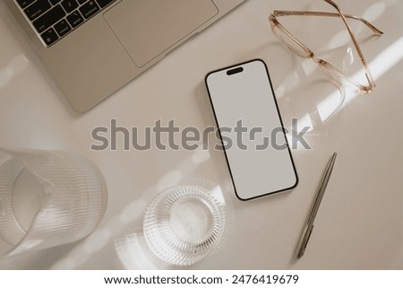 Similar – Image, Stock Photo aesthetic minimalist workspace. Home office, blog, social media concept. Note book, coffee and glasses in soft pastele colors