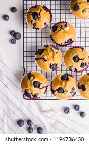 Top View Homemade Blueberry Muffin On The White Table In The Kitchen