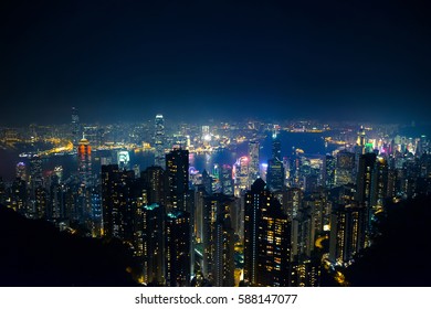 Top View Of Hong Kong Skyline View From Kowloon Side,colorful Night Life,cityscape