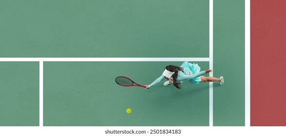 Top view horizontal image of competitive young woman, tennis player in motion with racket, hitting ball, training on court. Skills and focus. Concept of sport, active and healthy lifestyle, tournament - Powered by Shutterstock