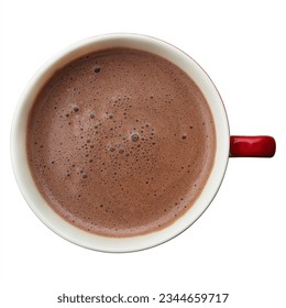 top view of hot chocolate in red cup isolated on white.