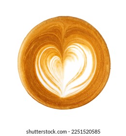 Top view of hot Coffee with a barista art heart shape foam isolated on transparent background. Valentines day illustration. top view. flat lay