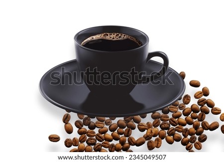Top view of Hot coffee in black cup isolated on white background. Cllipping path.