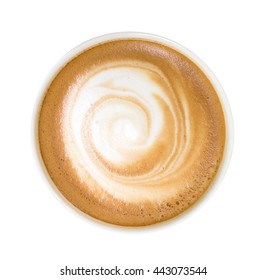 Top view of hot coffee cappuccino cup isolated on white background, clipping path included