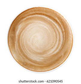 Top view of hot coffee cappuccino spiral foam isolated on white background, clipping path included