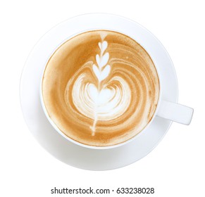 Top view hot coffee cappuccino latte art isolated on white background, clipping path included