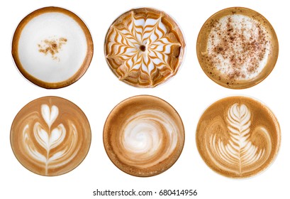 Top view of hot coffee cappuccino latte art foam set isolated on white background - Powered by Shutterstock