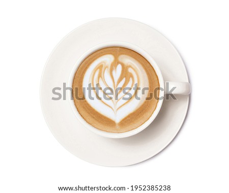 Top view of Hot coffee cappuccino latte art isolated on white background.