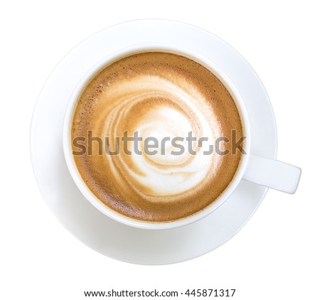 Top view of hot coffee cappuccino cup isolated on white background