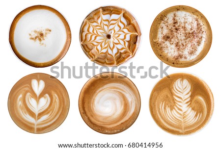 Top view of hot coffee cappuccino latte art foam set isolated on white background