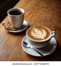 Top view of hot coffee latte art on wood table - Powered by Shutterstock