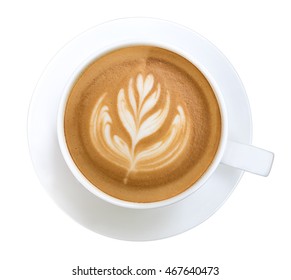 Top View Of Hot Coffee Latte Art Isolated On White Background