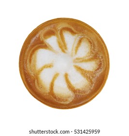 Top view of hot coffee latte cappuccino isolated on white background.