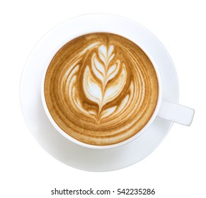 Top view of hot coffee latte art isolated on white background, clipping path included