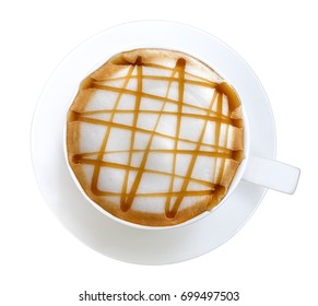 Top View Of Hot Coffee Latte Art Caramel Macchiato Isolated On White Background, Clipping Path Included