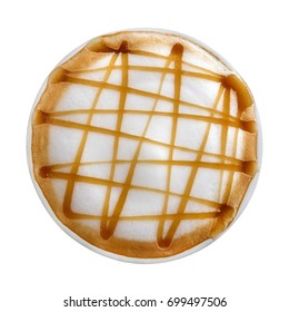 Top View Of Hot Coffee Latte Art Caramel Macchiato Isolated On White Background, Clipping Path Included