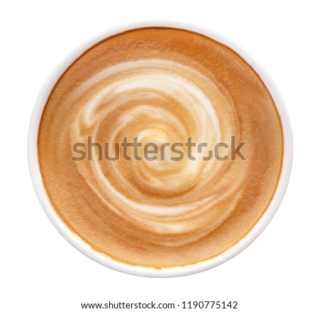 Top view of hot coffee latte cappuccino spiral foam isolated on white background, clipping path included