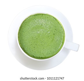 Top view of hot matcha green tea foam isolated on white background, clipping path included