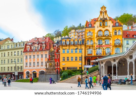 Top view of houses and architecture in Karlovy Vary, Czech Republic. 
Karlovy Vary is a world famous spa