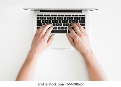 Top View Of Human Hands Typing On Laptop Computer Isolated On White, Wireless Communication Concept