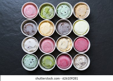 Top View Ice Cream Flavors In Cup On Blackground