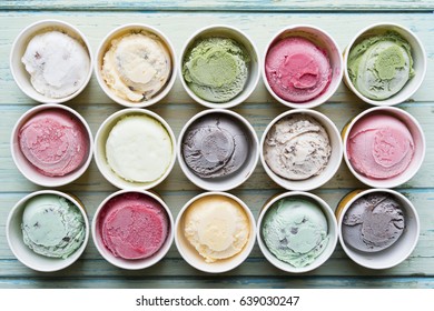 Top View Ice Cream Flavors In Cup On Table