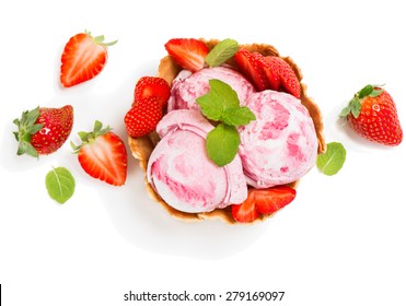 Top View Of Ice Cream Of Strawberry In A Wafer Bowl  And Fresh Berry  Isolated On White Background