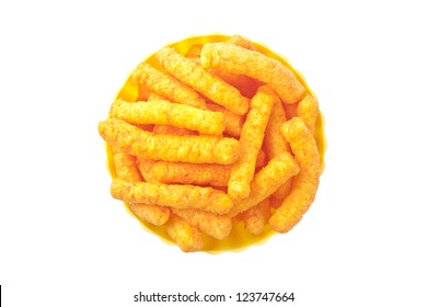 Top View Image Of Cheese Puffs In Bowl Against White Background