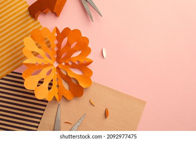 Top View Image Making Paper Flowers Craft Art Work Handicraft. Copy space.