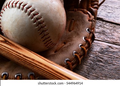 A Top View Image Of Old Used Baseball Equipment. 