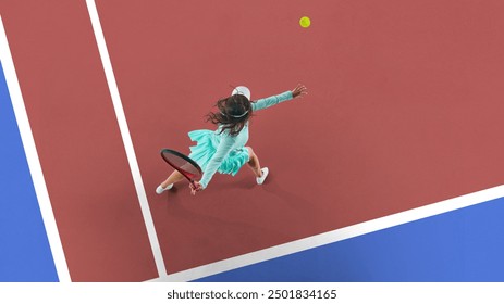 Top view image on active young woman, tennis player in motion on court, hitting ball with racket, training, preparing for competition. Concept of sport, active and healthy lifestyle, tournament - Powered by Shutterstock